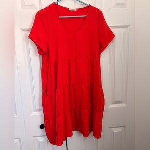 Coral Red Tiered Dress with pockets